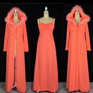 70's Maxi Dress/w Matching Marabou Feather Trim Hooded Duster